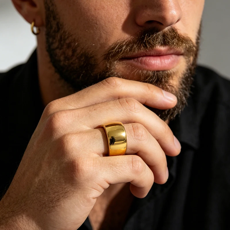 Letdiffery Simple 12mm Wide Men Rings Stainless Steel Silver Black Gold Color Polished Glossy Hip Hop Punk Rings Jewelry Gifts