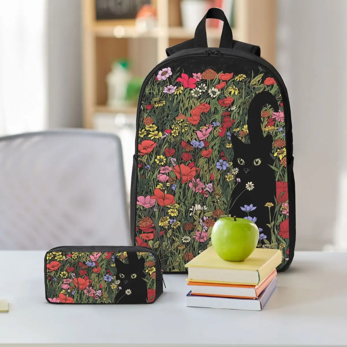 Black Meadow Cat Backpack Student BookBag School Bag Shoulder Bags 3ps Insulated Lunch Bag Pencil Case