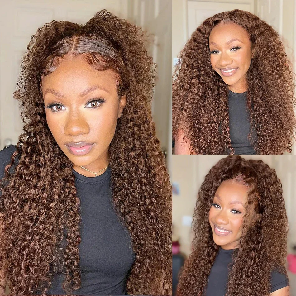 Deep Curly Chocolate Brown 13x4 Lace Front Human Hair Wigs For Women Pre Plucked Colored Deep Wave Lace Frontal 4x4 Closure Wig