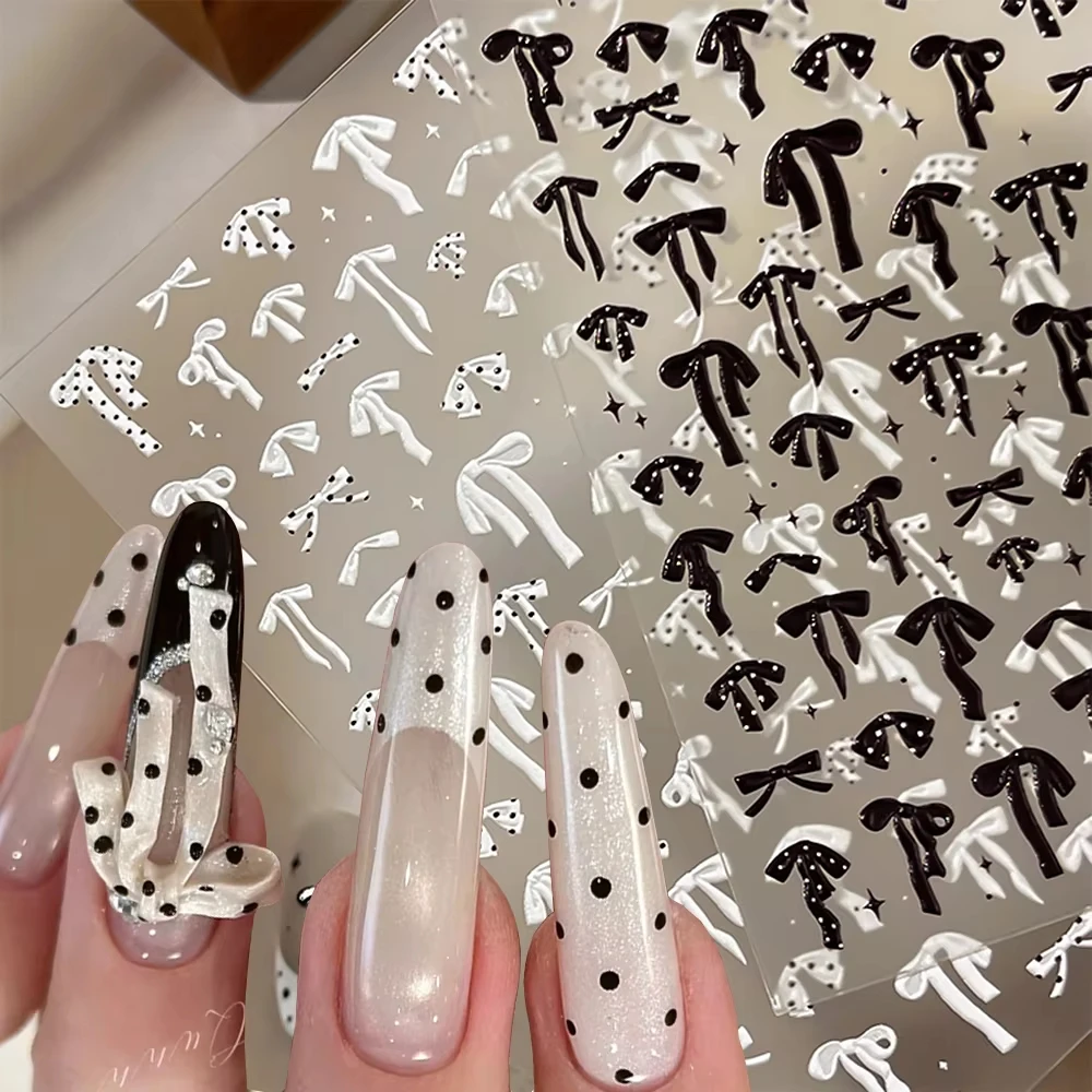 1sheet Retro Black White Polka Dots Bow Nail Stickers Pearl Ribbon Bowknot Ballet Style Nail Decals Ins Bow Tie Girls Manicure