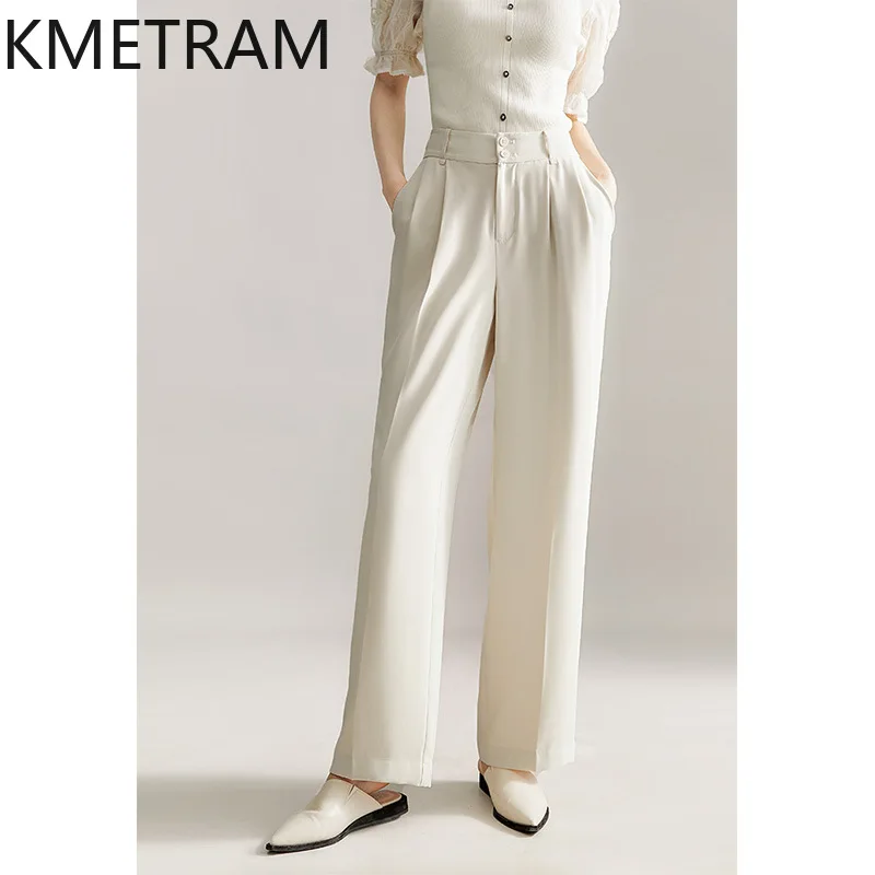 

KMETRAM 3 Colors Summer Straight Wide Leg Pants Fashion Solid Long Pants for Woman Clothing Comfortable Trousers Брюки Женские