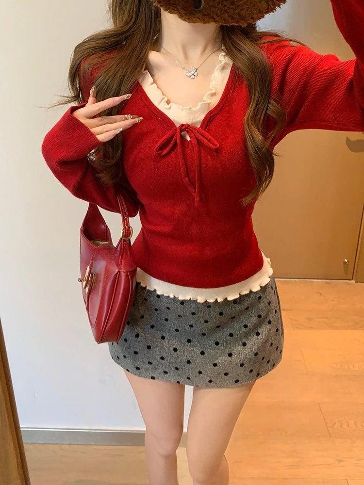 

Women's Red Ruffle Trim U-Neck Knit Top Two-Piece Look Tie Detail Sweater Y2K Sweet Chic Holiday Season Top