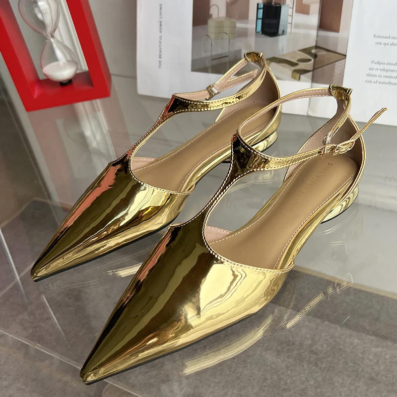 Golden New In T-Strap Women Sandals Shoes 2023 Designer Footwear Female Fashion Pointed Toe Shallow Flats Sandals Ladies Shoes