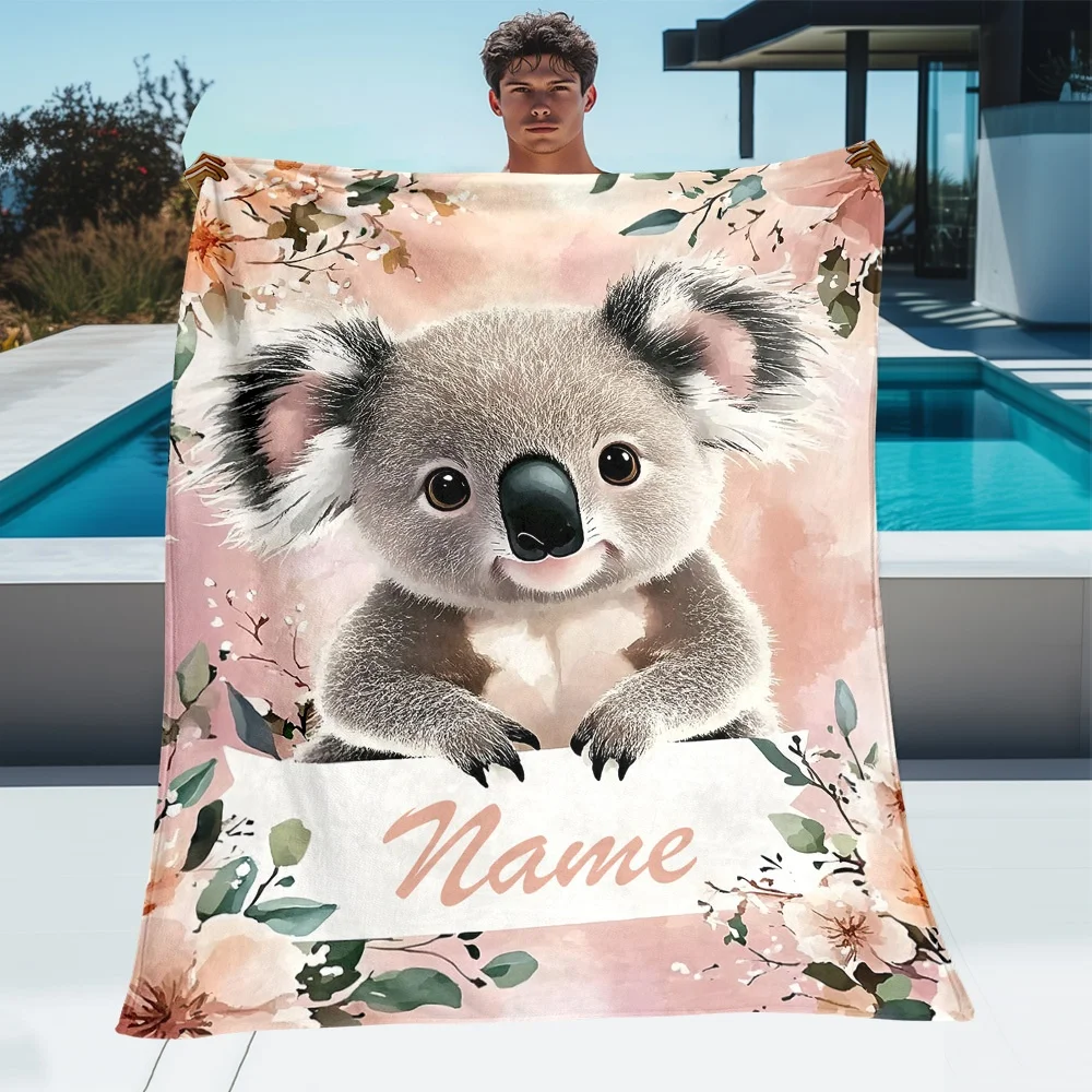 1Pc Cute Koala Pattern Custom Name/Text Flannel Blanket, Soft and Comfortable,Suitable for Office, Home, Holiday Gift