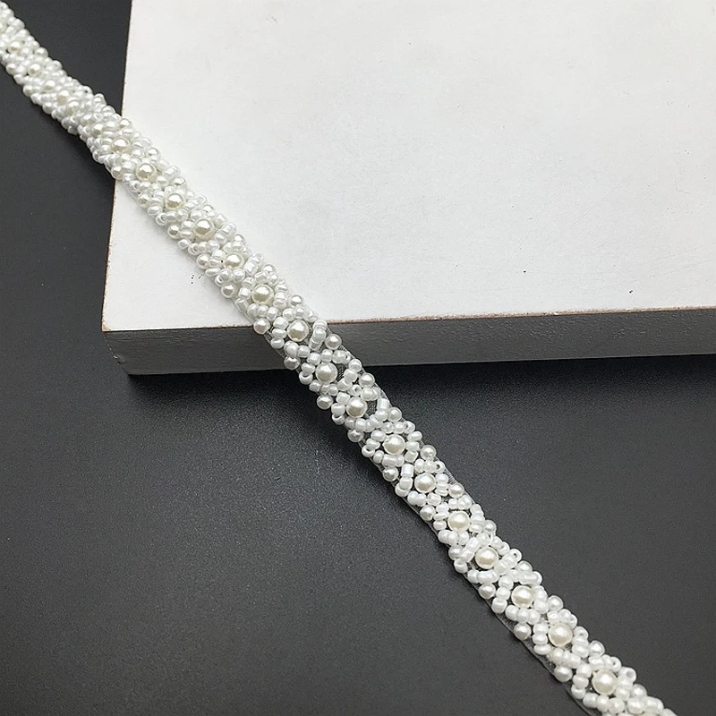 1Yard(90CM) Pure White Bridal Lace Applique Sewing Accessories White Wedding Pearl Lace Trim Beaded Ribbon Dress Crafts Decor