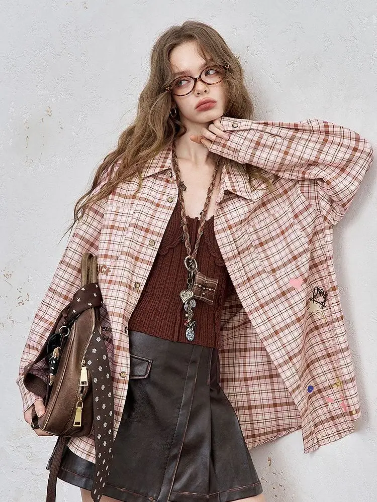 

Hand Drawn Doodle Print Pink Plaid Shirt 2025 Autumn Preppy Style Blouse Whimsigoth Aesthetic Oversized Womens Fashion