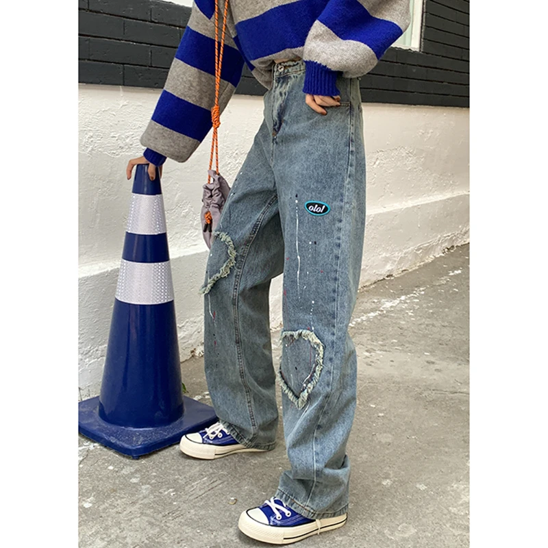 Women's Jeans High Waist Splash Ink Design Fashion Streetwear Hip Hop Straight Pants Baggy Vintage Female Wide Leg Denim Trouser