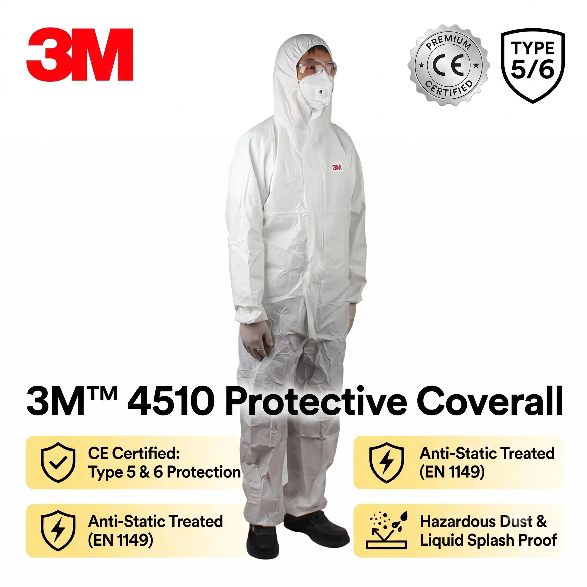 3M 4510 Disposable Protective Coveralls White Hooded Workwear Hazmat Suit Dust Proof Overalls Safety PPE Work Clothes Men Woman