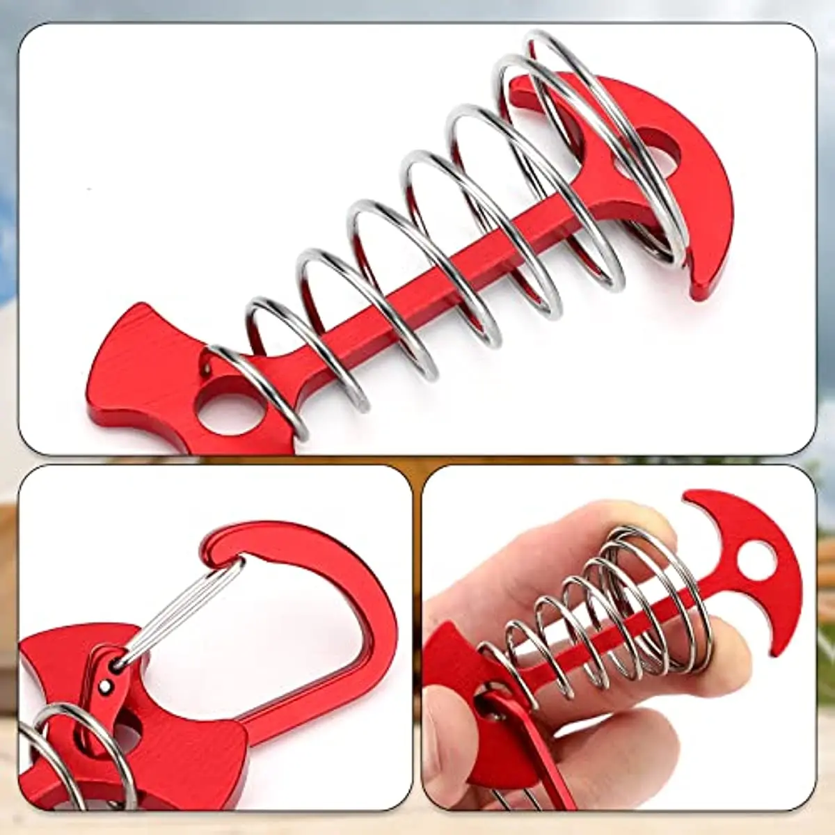 10PCS Red Deck Anchor Pegs with Carabiners Windproof Aluminum Tent Nail Spring Tent Stakes for Outdoor Camping Tent Anchors