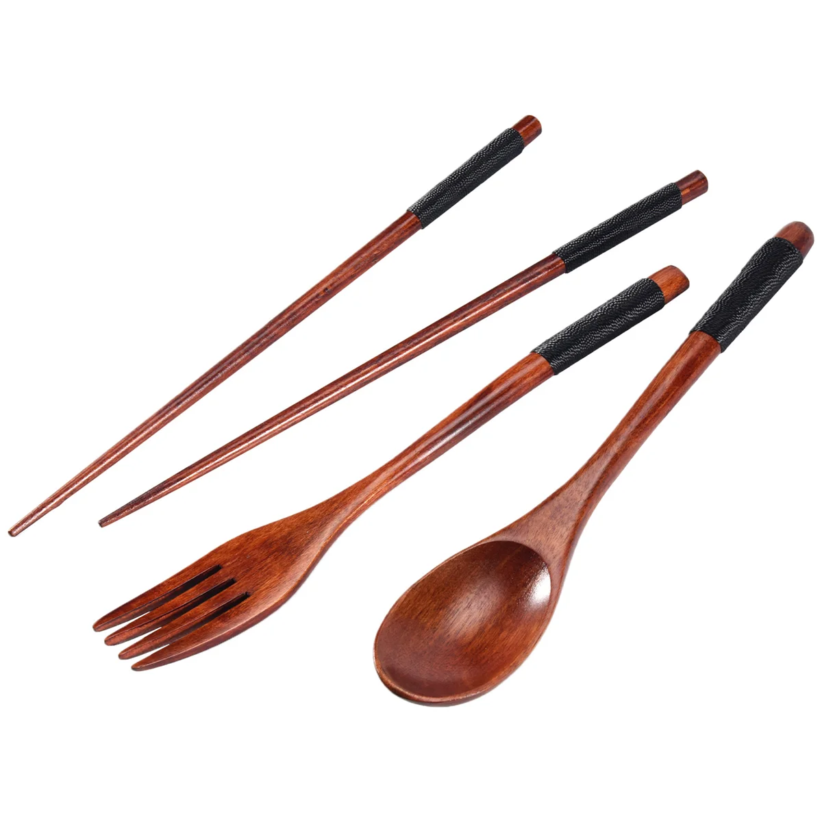 Wooden Flatware Set, Wooden Portable Set Chopsticks Spoon Fork Tableware Dinnerware with Black Twining Thread