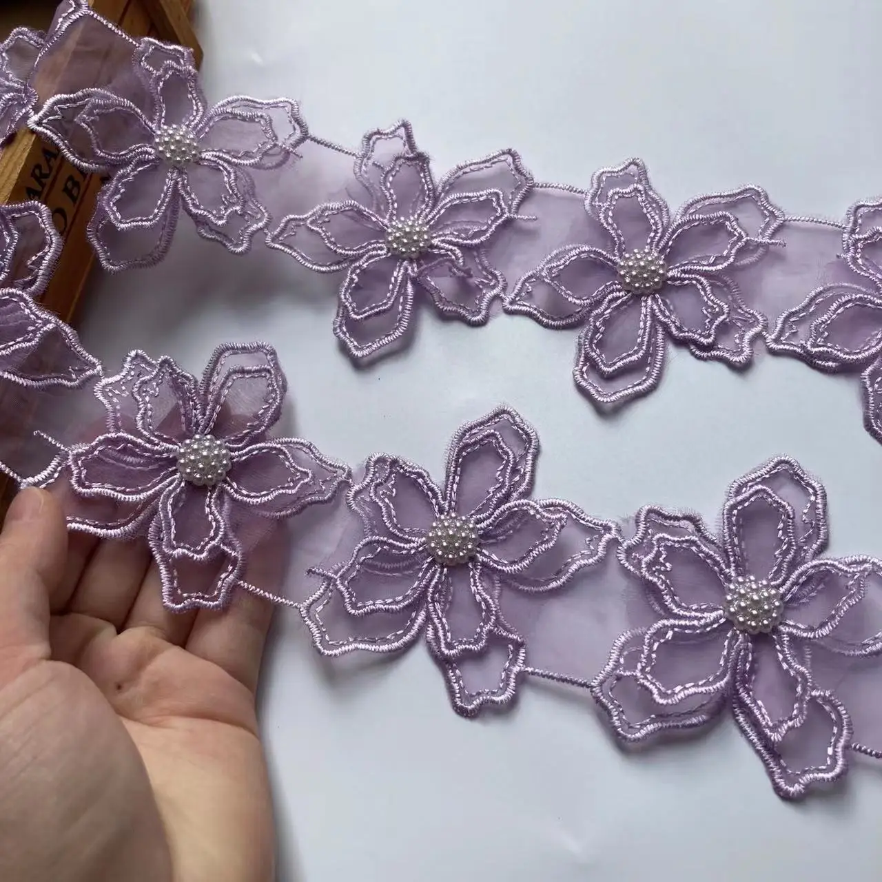 1 Yard 7.5cm  Purple Pearl Beaded Embroidered Flower Lace Trim Floral Applique Patches Fabric Sewing Craft Vintage Wedding Dress