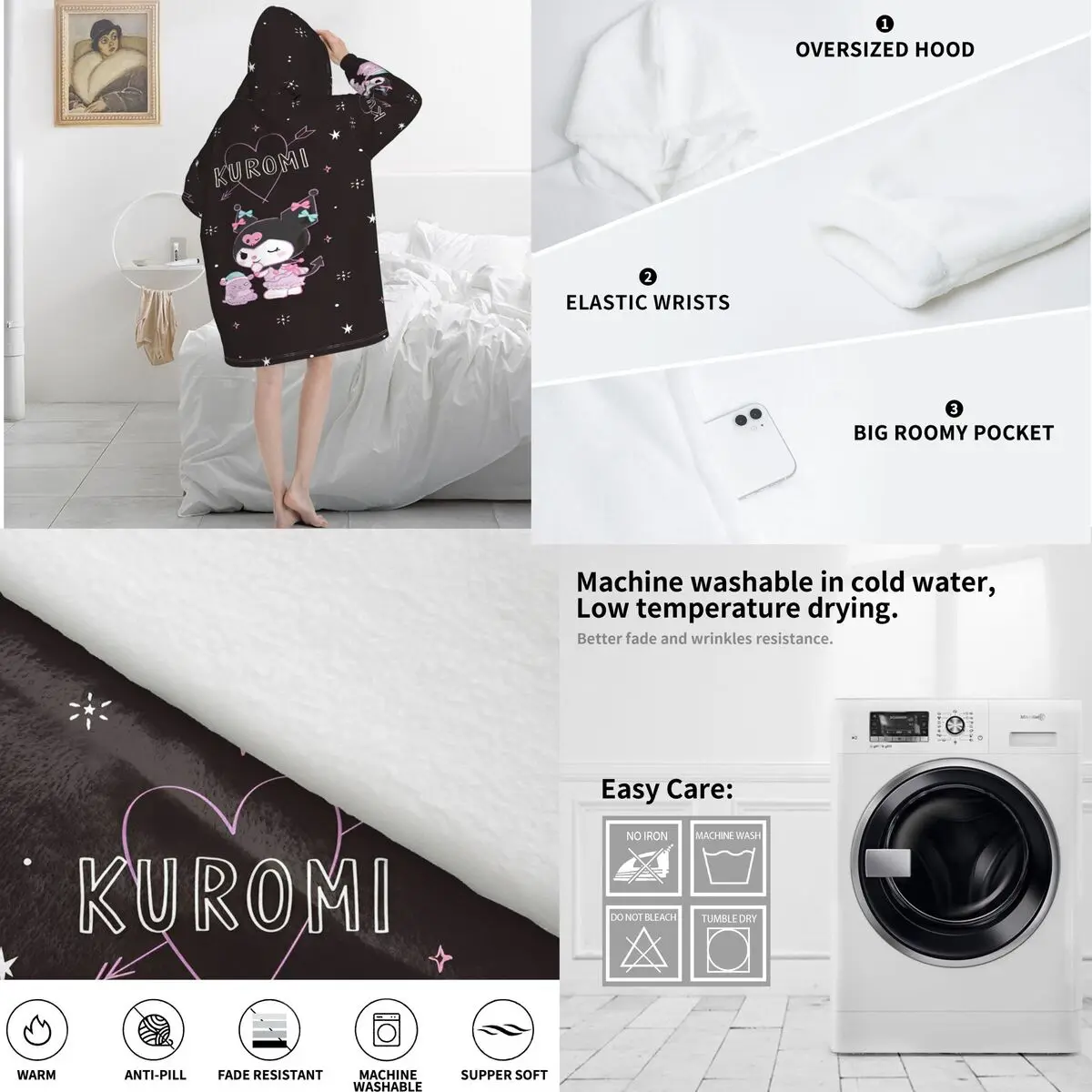 Kuromis Cartoon Cute Oversized Blanket Hoodie Sweatshirt Long Fleece Hooded Wearable Blanket with Large Pocket for Women Men