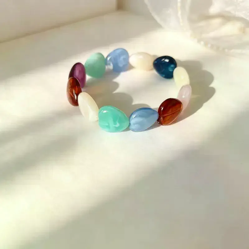 Boho Heart Beaded Elastic Bangle Vibrant Color Resin Stretch Bracelet for Women Summer Camping Outfit Matching Jewelry
