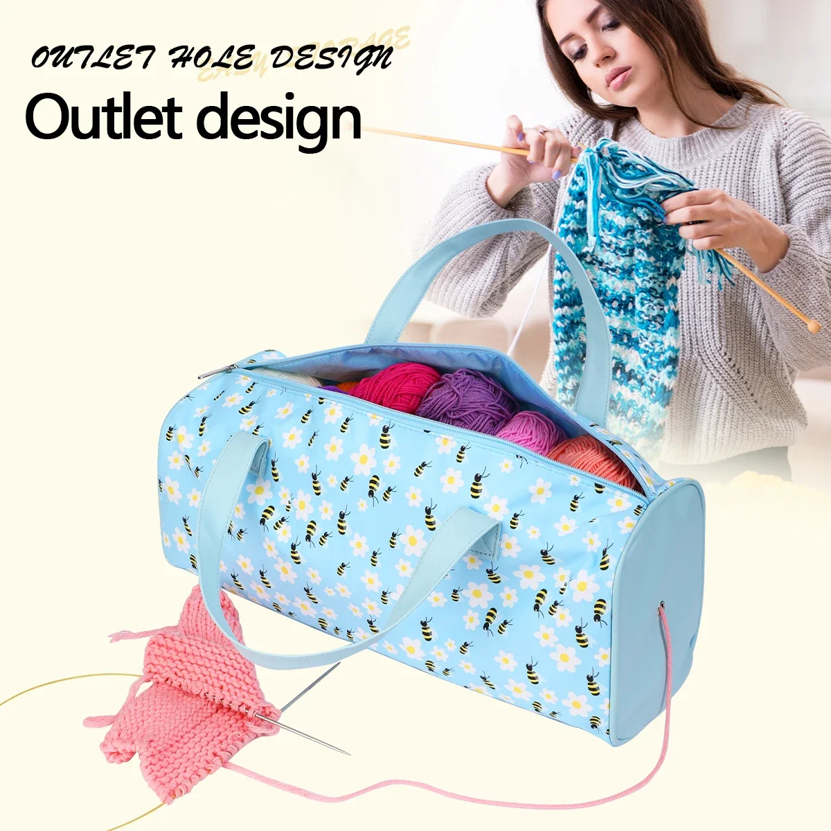 سعة كبيرة حقيبة تخزين الصوف المحمولة حقيبة الحياكة DIY بها بنفسك خيوط التخزين المنظم حقيبة التخزين للخياطة وخطافات الكروشيه #3