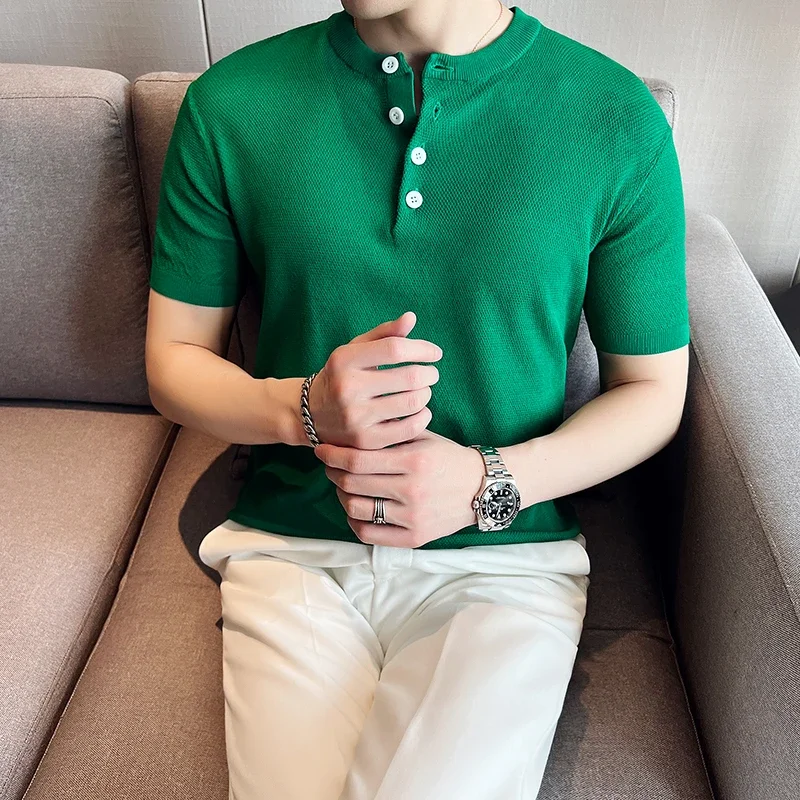 Summer Men Round Neck Embroidered T-Shirt Stretch Plaid Slim Fit Short Sleeve Knit Sweater Tee Shirt Top Club Prom Tuxedo