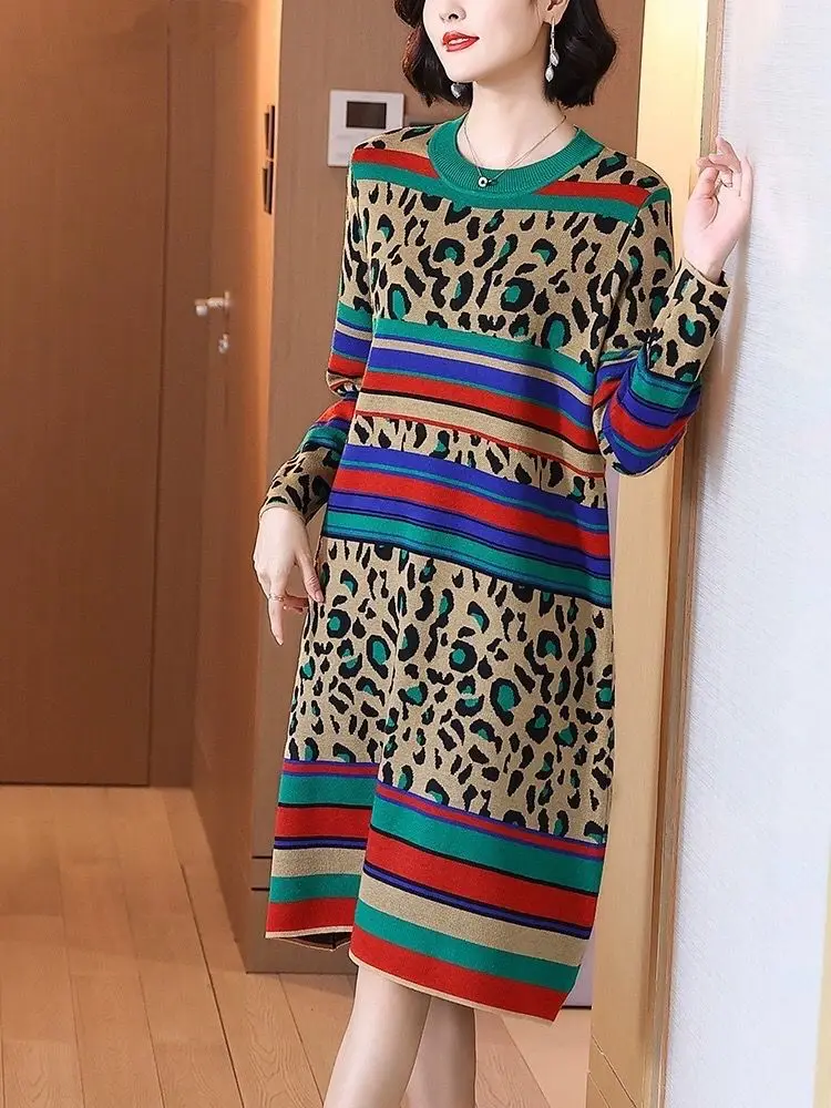 فستان المرأة ليوبارد متماسكة طويلة الأكمام سترة ، فساتين س الرقبة ، الملابس كبيرة الحجم ، ضئيلة ، مكتب ، أعلى جودة ، والأزياء ، والخريف ، والشتاء
