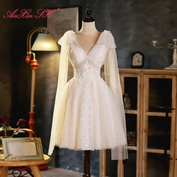 AnXin SH princess white flower lace big bow party v neck illusion beading pear short customized evening dress little white dress