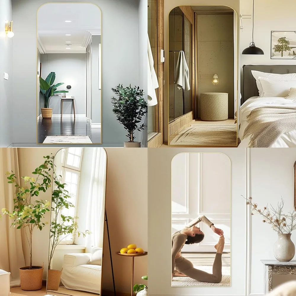 Übergroßer, gewölbter Boden- oder Wandspiegel – Gold-Finish, freistehender Ständer für Wohnzimmer und Schlafzimmer, groß, 71 x 26 Vollspiegel