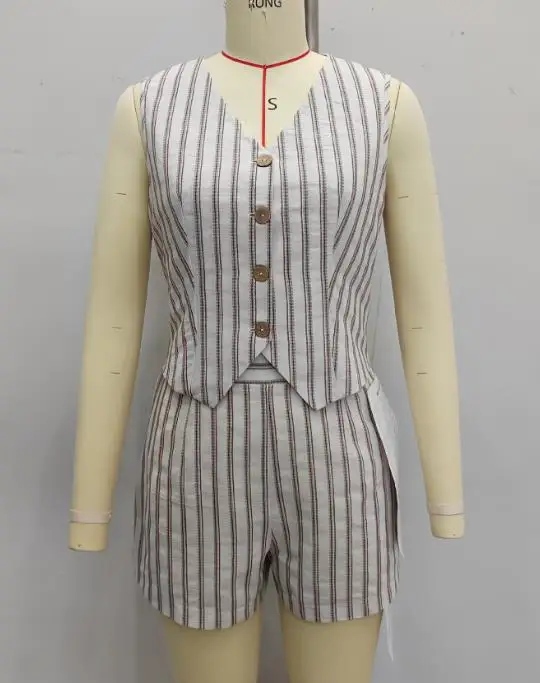 

Two Piece Set Women Outfit 2026 New Spring Summer Fashion Striped V-Neck Sleeveless Vest Top & High Waist Casual Shorts Set