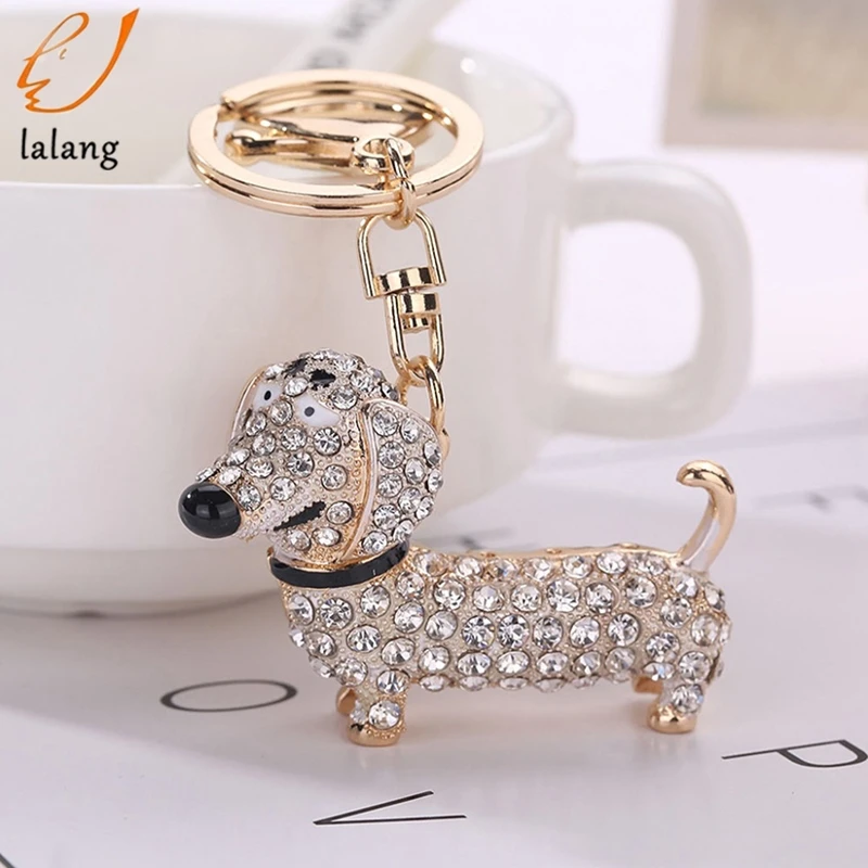 Rhinestone Crystal Cute Dog Dachshund Keychain Bag Charm Pendant Key Chains Holder Key Ring Jewelry For Women Girl Gift