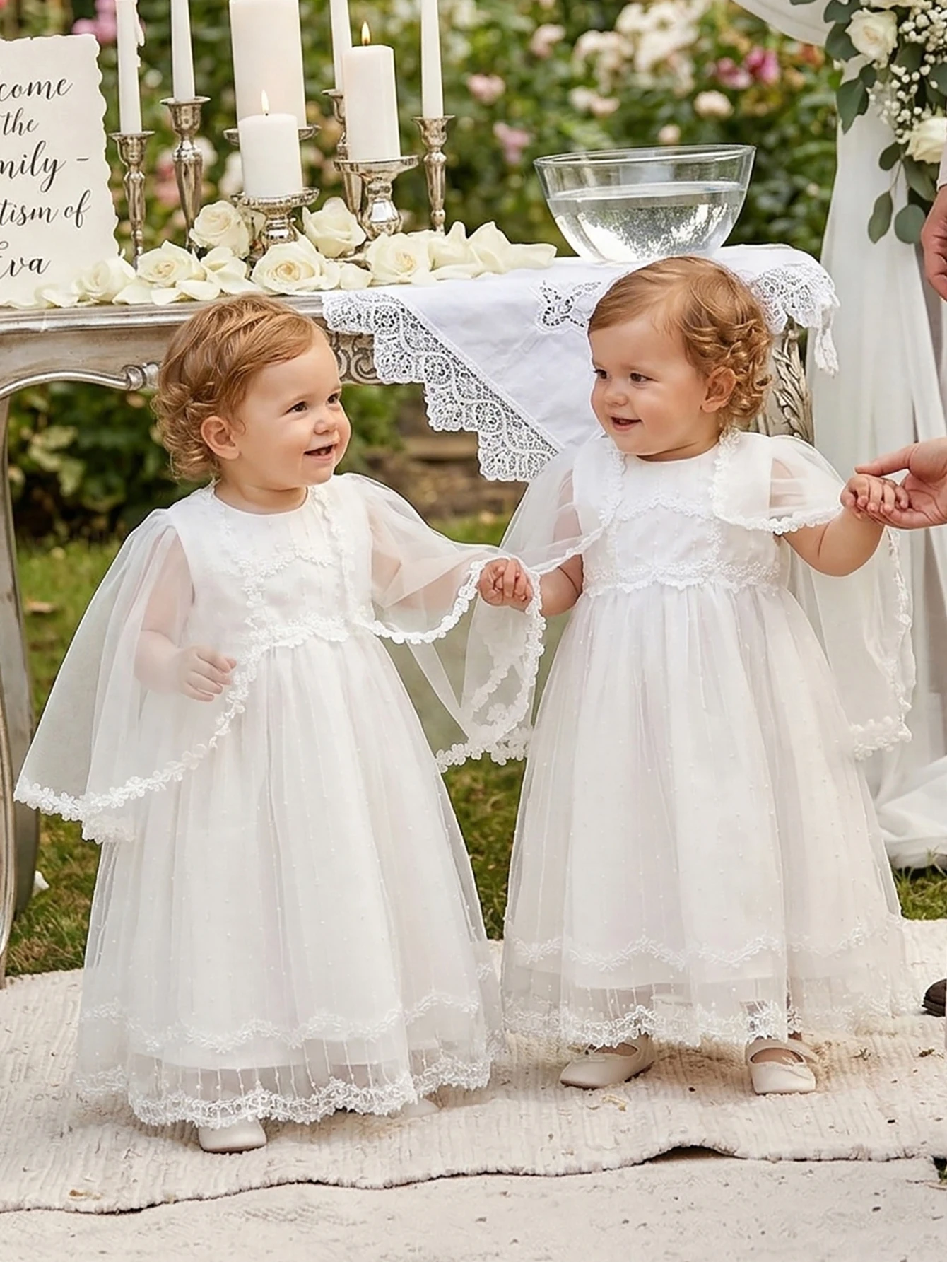 

Baby Girl White Wedding Flower Girl Skirt with Shawl-like Veil Elegant Lace Embroidered Gown. Birthday, Banquet, Vacation