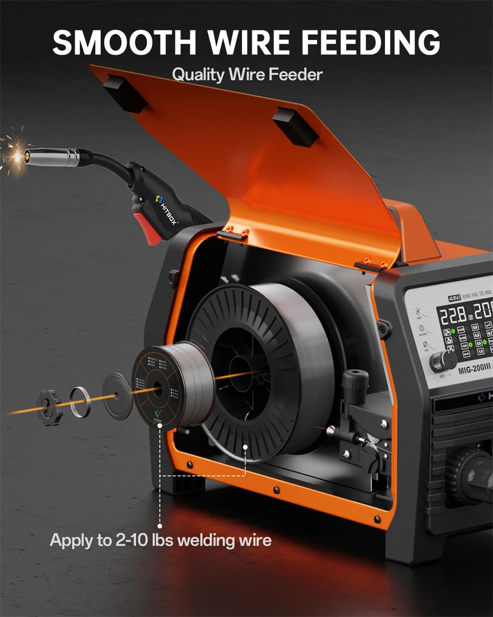 HITBOX MIG-Schweißgerät 220V 200 Ampere 7-in-1 Stick ARC MMA Gaslos/Gas MIG Lift TIG Punktschweißgerät mit Spool Gun, Einzelpuls-Aluminiumschweißgerät, großem LED-Digitalbildschirm und Inverter-Schweißwerkzeug – Detail 20