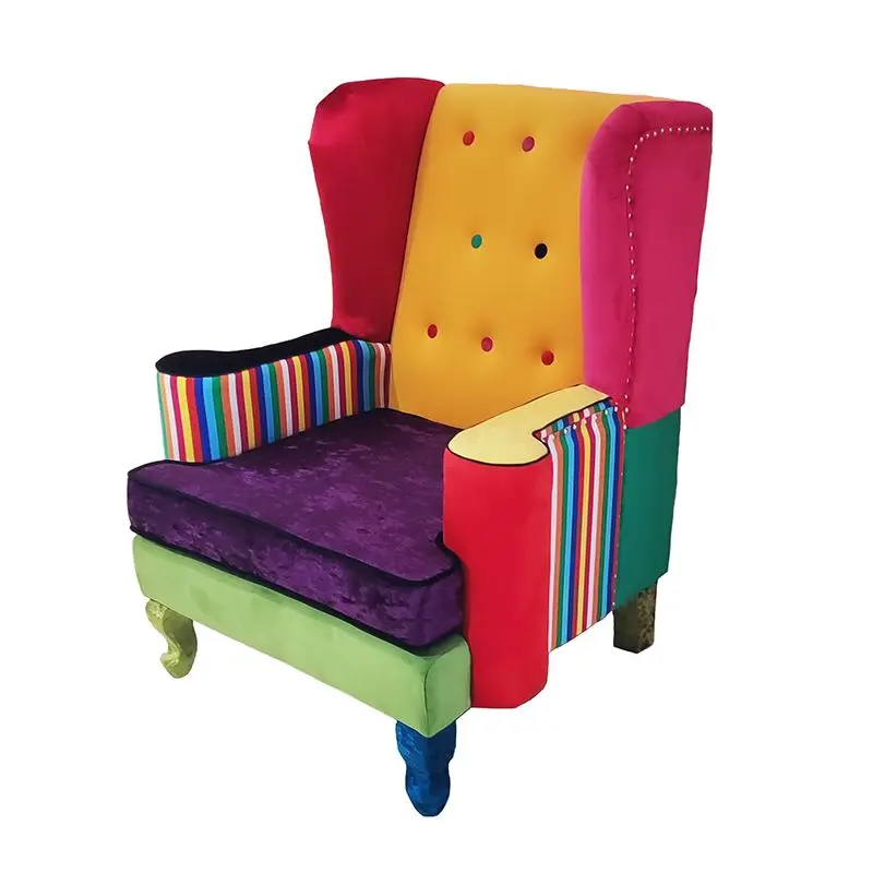 European fabric retro contrasting color single sofa, artistic splicing solid wood model room nail button flannel house