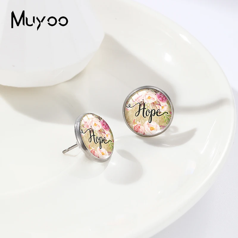 2023 New Arrival Bible Verse Movement Words Glass Round Dome Stud Earrings Jewelry Handmade Earrings