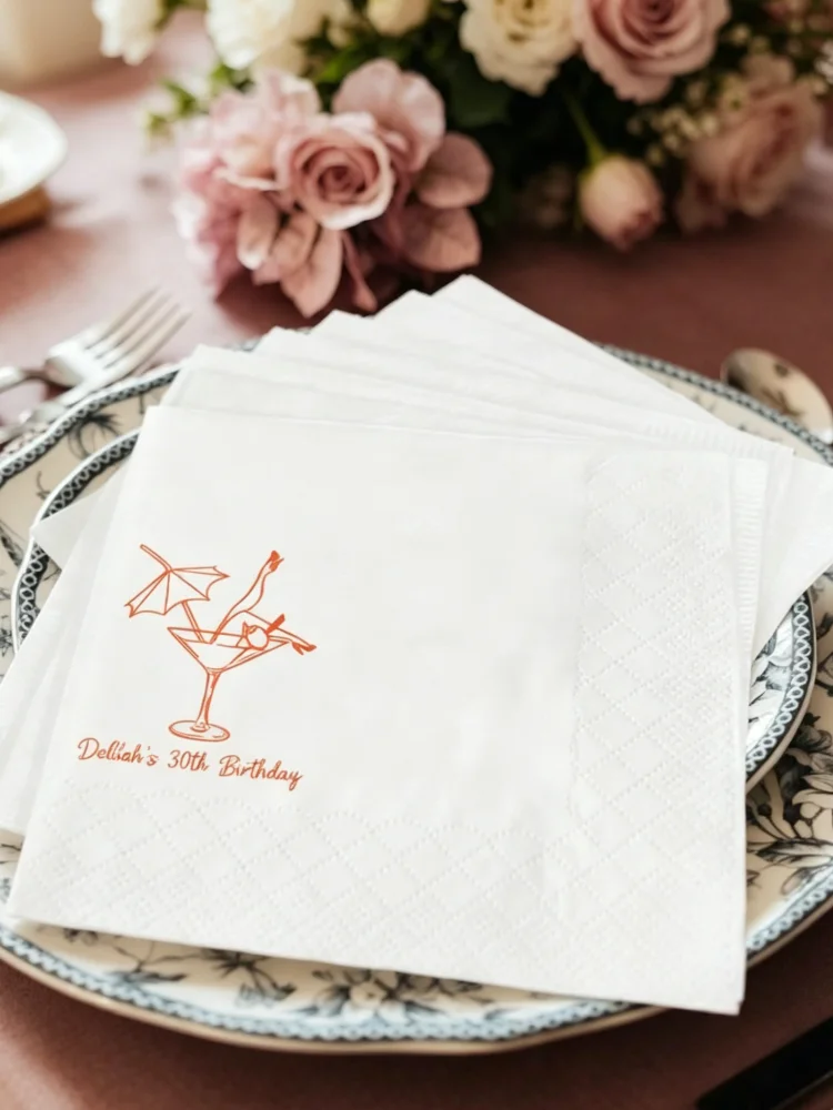Personalized Martini Glass Cocktail Napkins Custom Text 30th Birthday Party 3-Ply Paper Table Decor