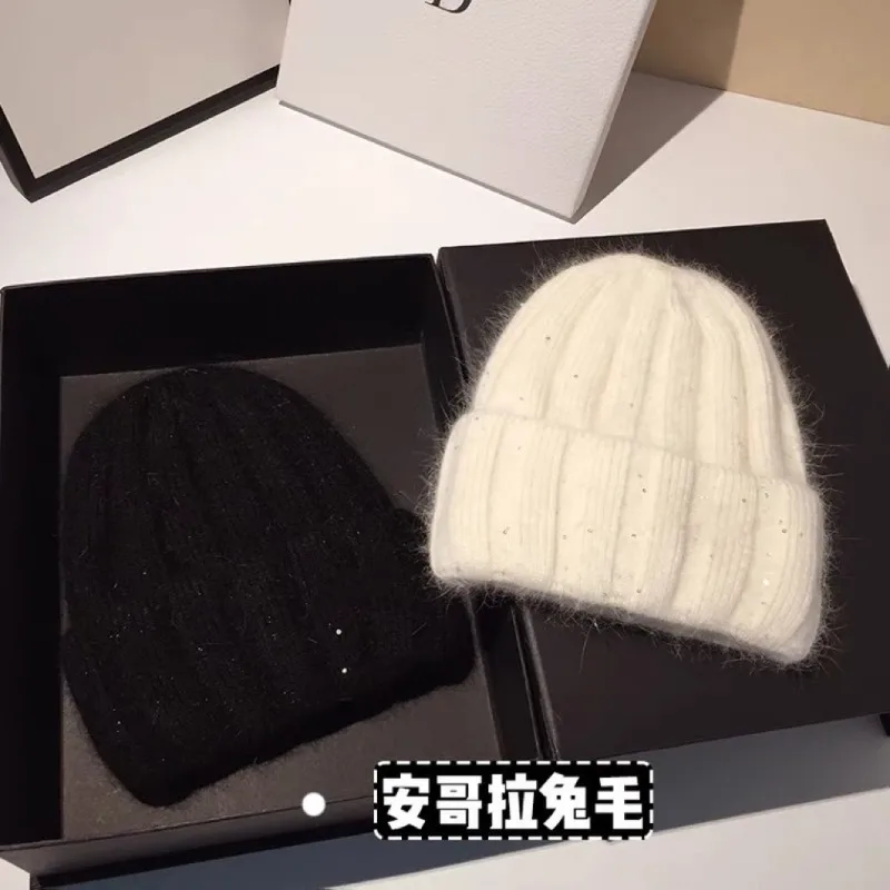 

​​2025 Glitter Rabbit Fur Knit Beanie Women Korean Ins Slouchy Wide Stripe Face Slimming Youthful Free Shipping​​