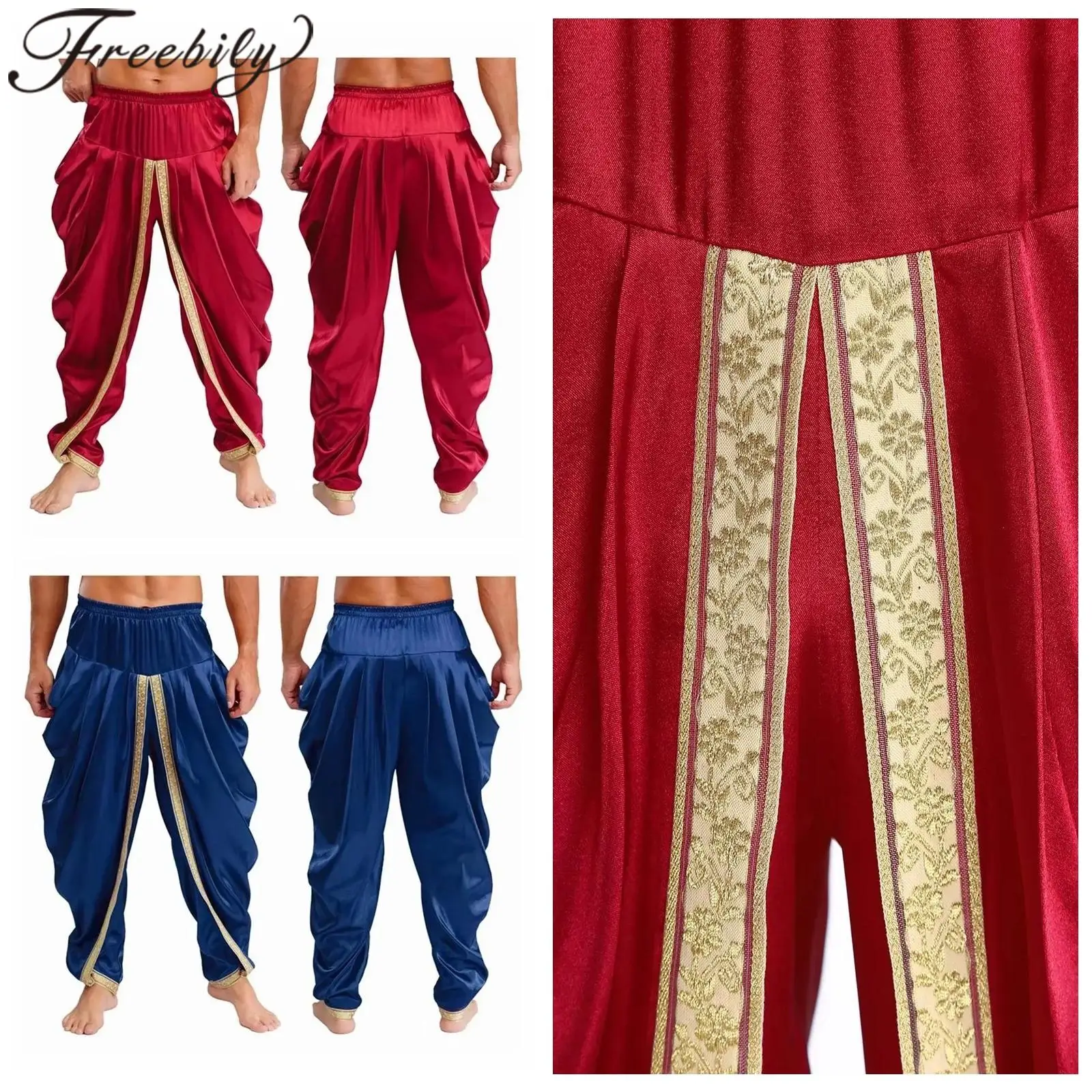 

Men Halloween Carnival Cosplay Trousers Arabian Prince Costume Festive Occasions Satin Dhoti Pants Adults Draped Baggy Trousers