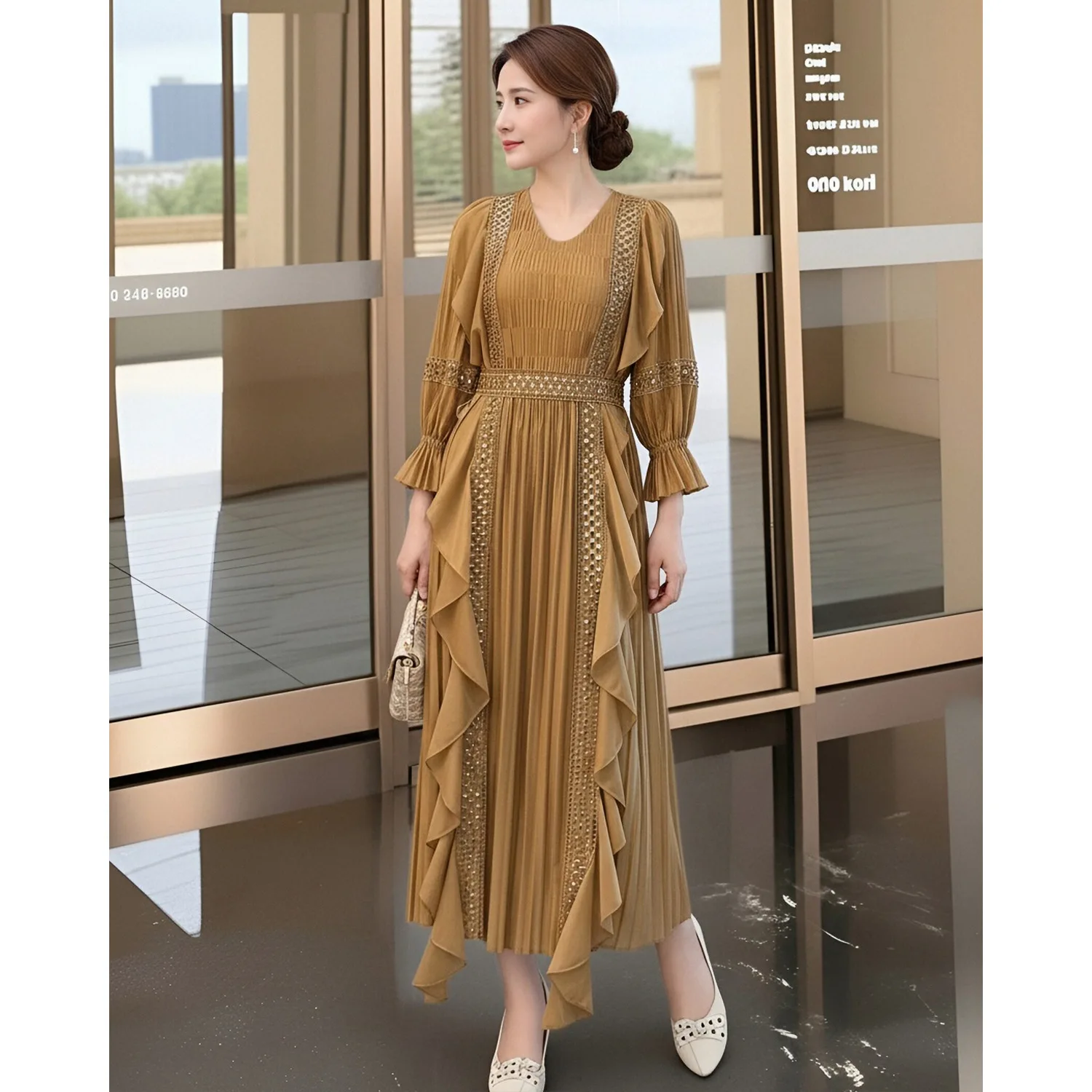 

High-end Khaki Long Skirt, Elegant and Dignified Skirt, Spring Women's New Miyake Pleated High-end Dress