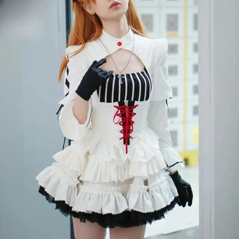 Asuka Cosplay Costumes White Gothic Dress Anime EVA Uniform Asuka Lolita Dress Halloween Carnival Party Outfits for Women Girls