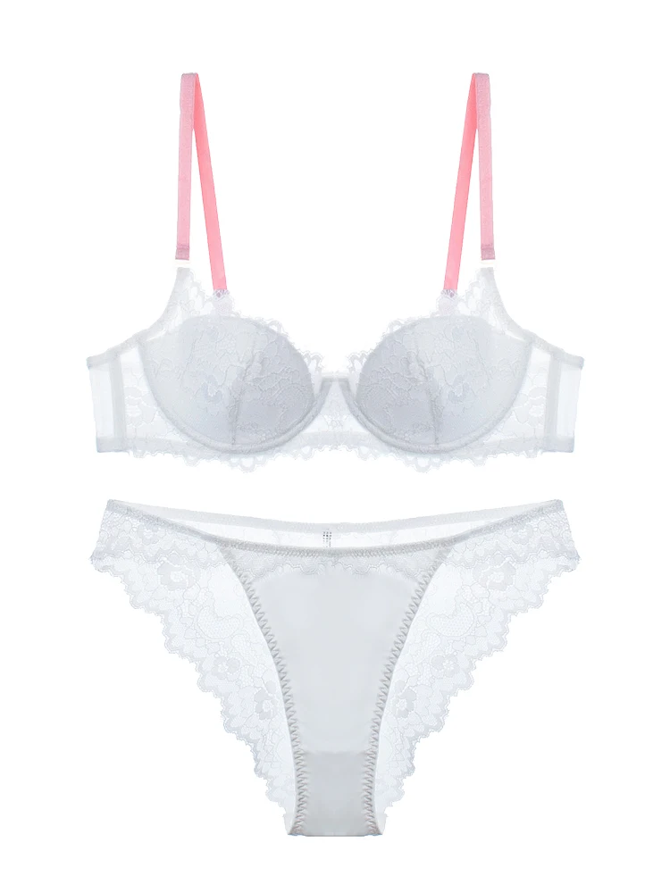 Sexy Halve Cup Bh Ultradunne Letter Brede Schouderband Ondergoed Set Grote Maat Kant Lingerie Met Panty Pak Vrouwen