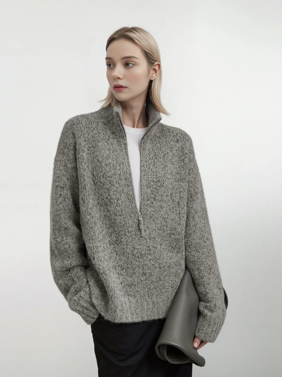 

Retro Thick Needle Baby Camel Wool Sweater Half Zip Shape Knitwear Layering Women's Loose Fit Long Sleeve Woolen Sweater
