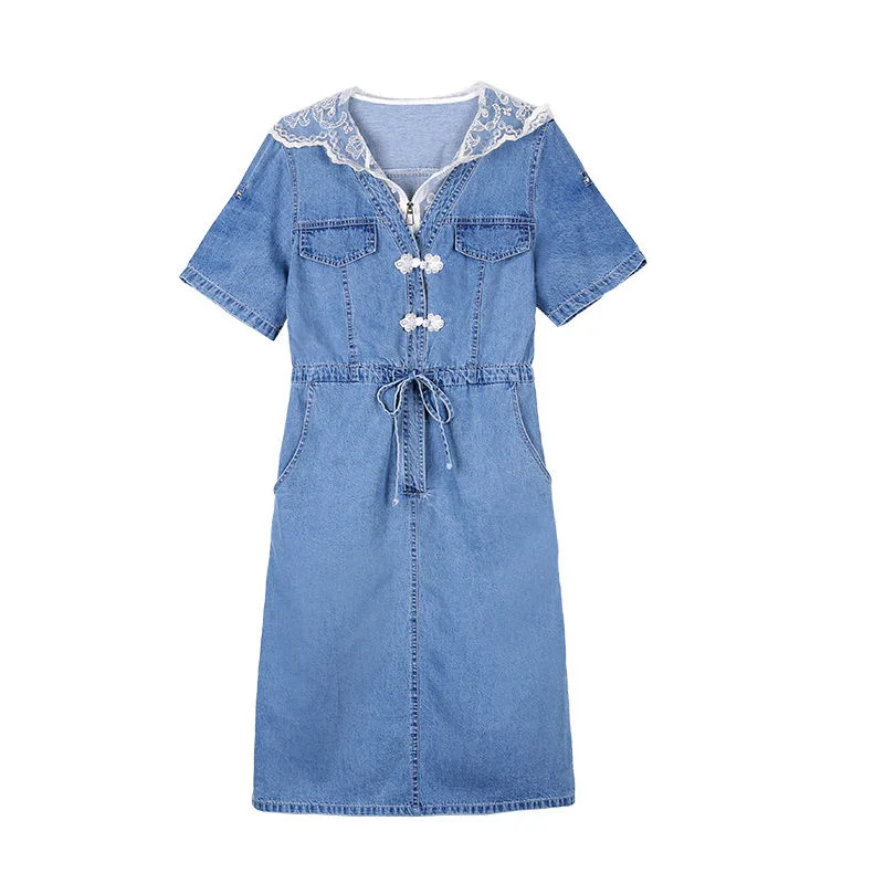 Robe en jean à manches courtes pour femme, tenue décontractée en dentelle, longueur aux genoux, tenue de soirée, Vintage, été, 2022