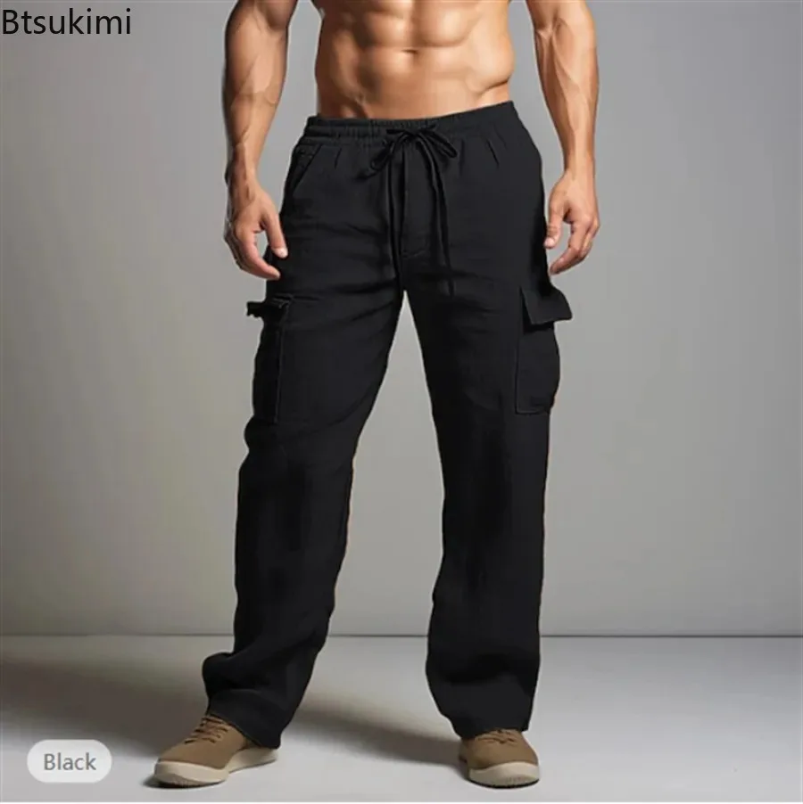 

2024 Fashion Streetwear Men's Cotton Linen Casual Trouser Loose Solid Cargo Pants for Men Vintage Lace-up Waist Drawstring Pants