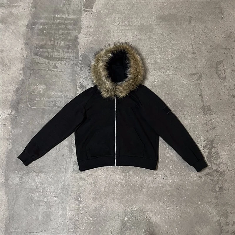 Autumn\winter Black Zip Up Fur Patchwork Design Women Men Hoodies Fashion Warm Korean Style Sweatshirts Y2k Long Sleeved Unisex
