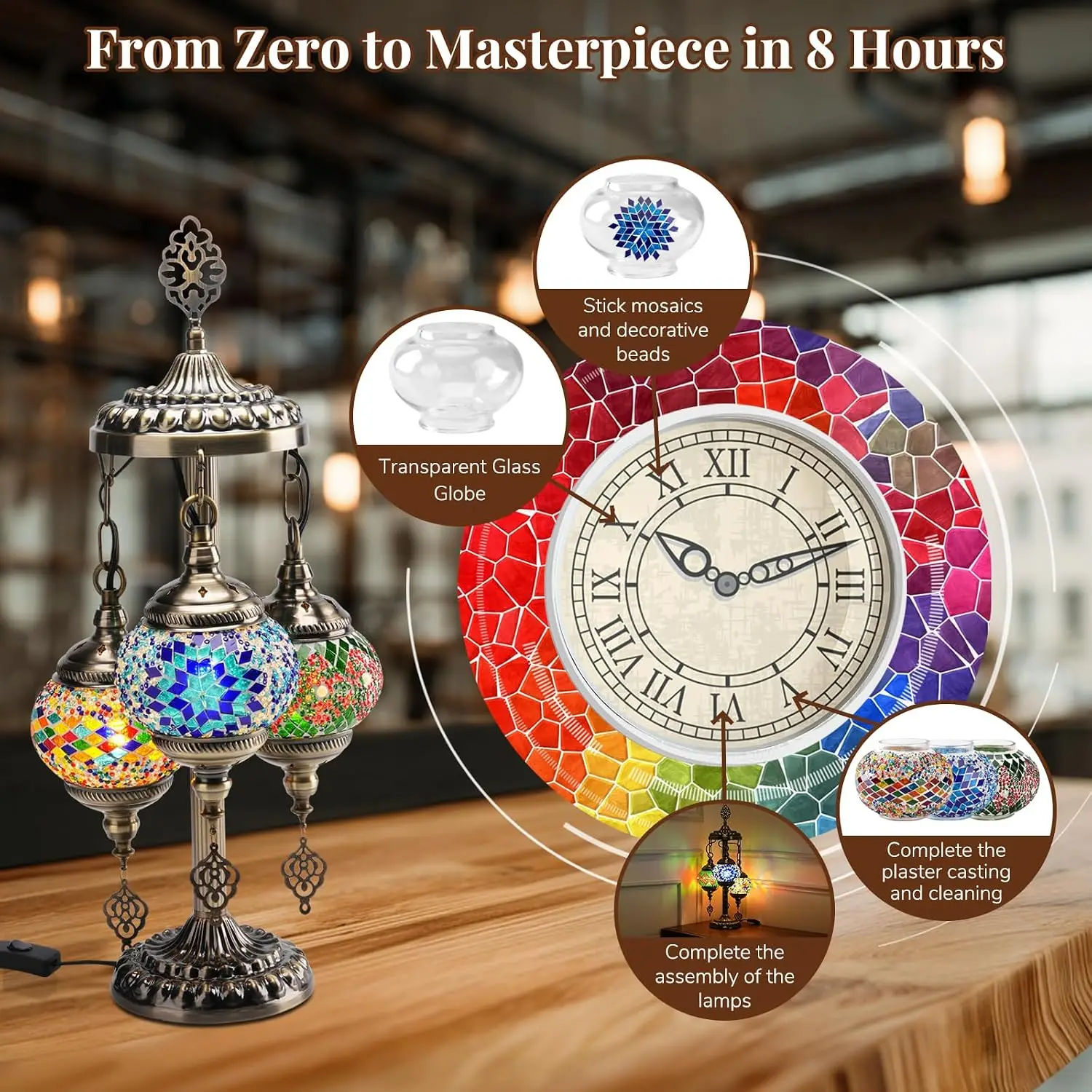 DIY 3 Globe Turkish Mosaic Lamp Kit, 23"H Stained Glass Table Lamp Making Kit-Easy & Fun, No Experience Needed, Mosaic Art & Craft Project Kits for Adults & Teens, Make Your Own Lamp,Multicolor view 4