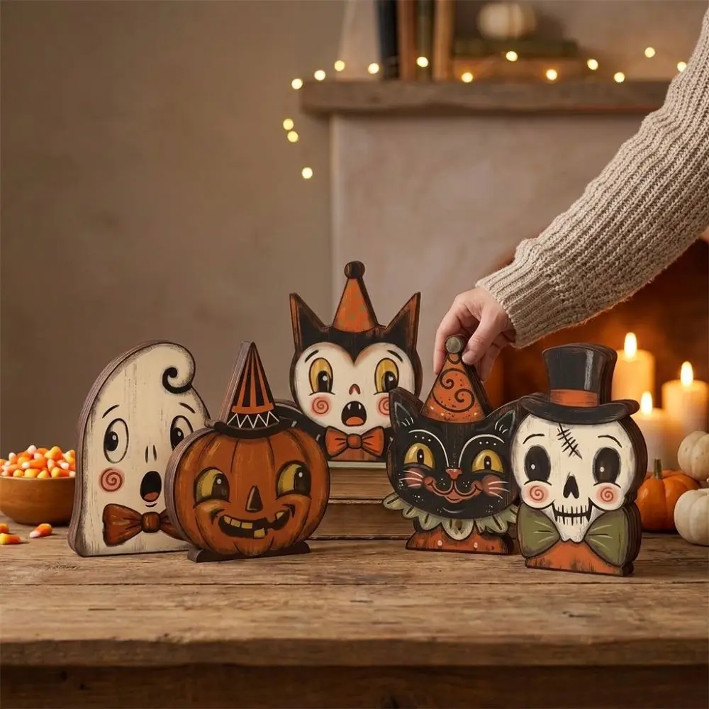 Cartoon Halloween Wooden Tabletop Sign Double Sided Pattern Farmhouse Style Ghost Pumpkin Owl Ornaments Hand Painted Integrated