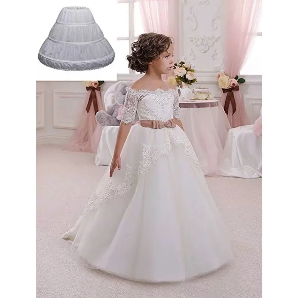 Fashion White Lace Children Skirt Petticoat 3 Hoops Steel Ring Princess Skirt Adjustable Tutu Skirt Wedding Petticoat Kids Girls