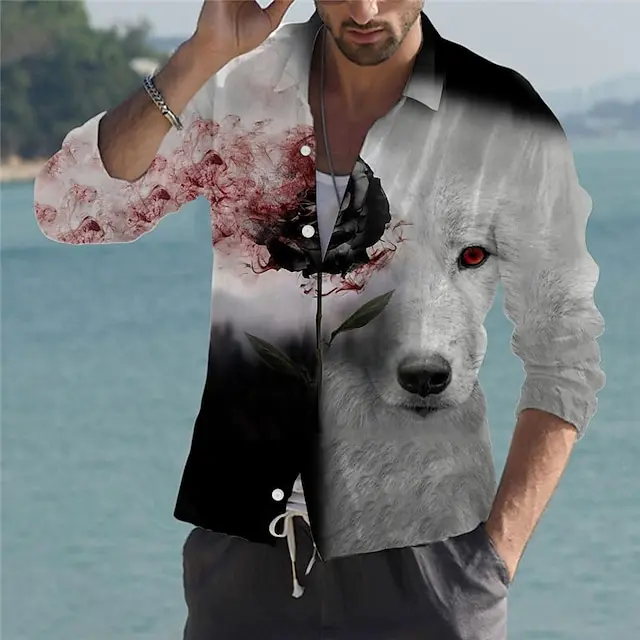 2024 New Men's Wolf Shirts 3D Prints Clothes Animal Button Long Sleeve Lapel Streetwear Shirt for Men Blouse casual Shirt