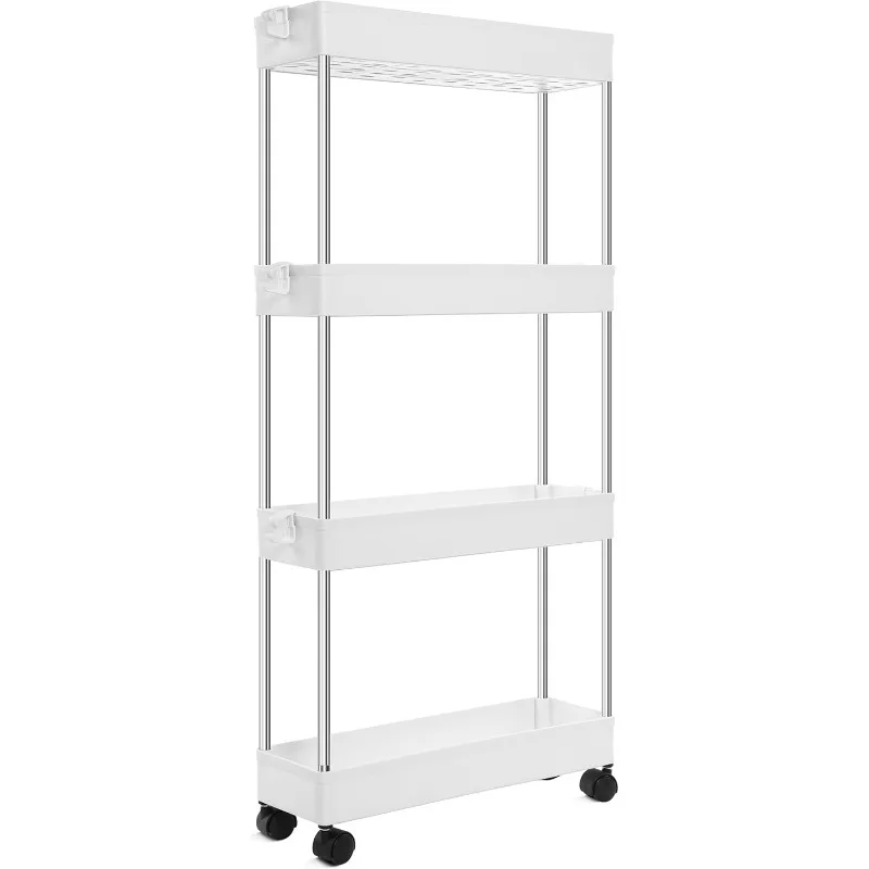 Rolling Storage Cart, 4 Tier Slim Mobile Storage,360° Rotating Wheel Utility Cart，for Office, Kitchenor Narrow Spaces, White