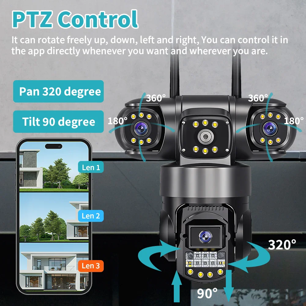 4G Camera With Sim Card 12MP 6K Three Lens Three Screen Monitor Night Vision Security Protection V380 Pro PTZ Video Surveillance