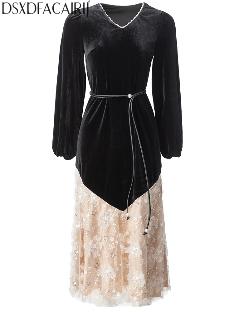 DSXDFACAIRIJ Damen-Kleid mit Perlenstickerei, V-Ausschnitt, Laternenärmel, Pailletten, Applikationen, Schnürung, Vintage, gespleißt, Samtkleid, modisch, Herbst, weiblich