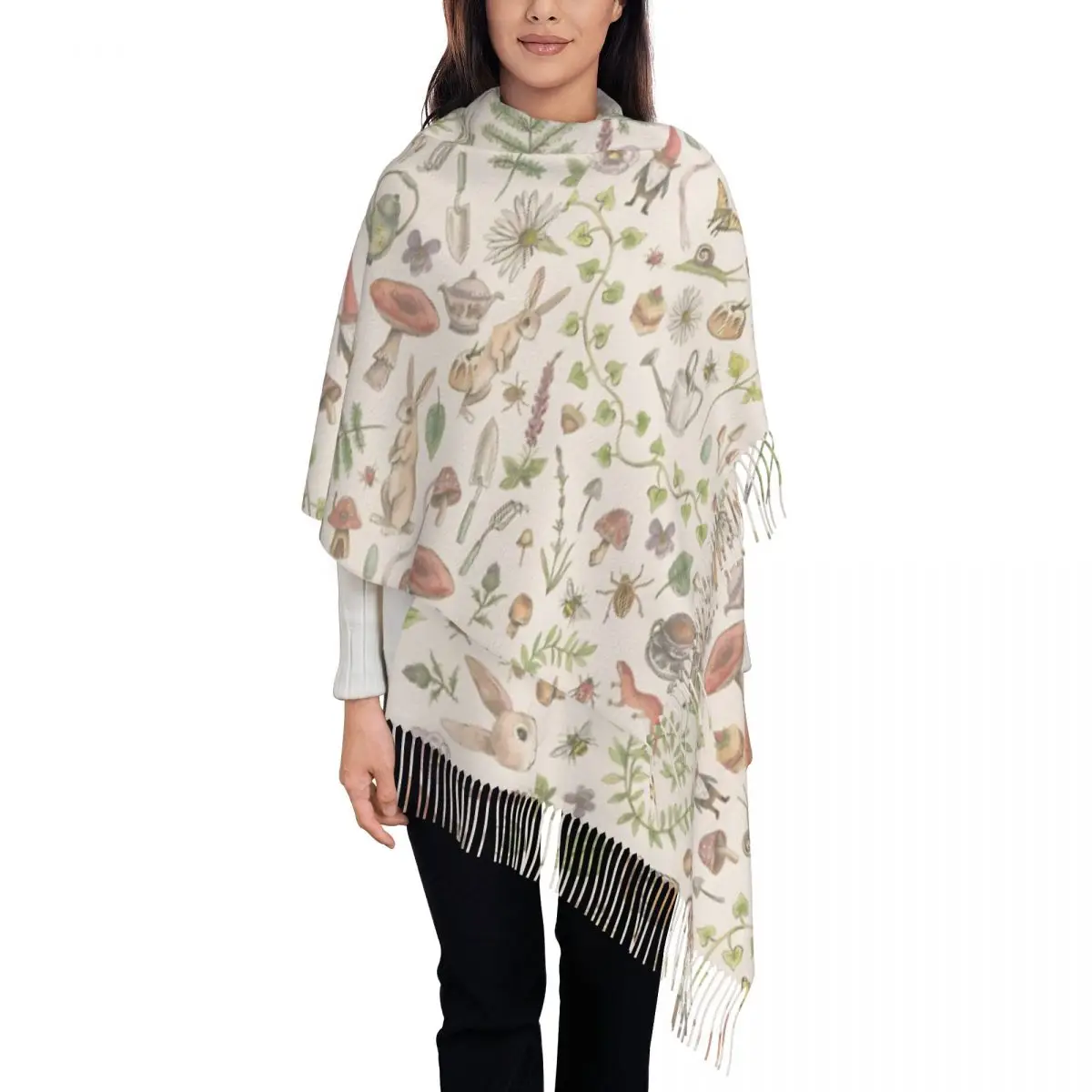 Women's Tassel Scarf Cottagecore Faded Pink Garden Gnome Large Winter Warm Shawl Wrap Christmas Pattern Gifts Cashmere Scarf