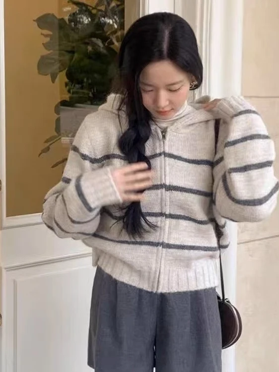 

Loose Striped Knitted Open Cardigan Polyester Fiber Long Fall Casual Slimming Hooded Knitwear Women's New