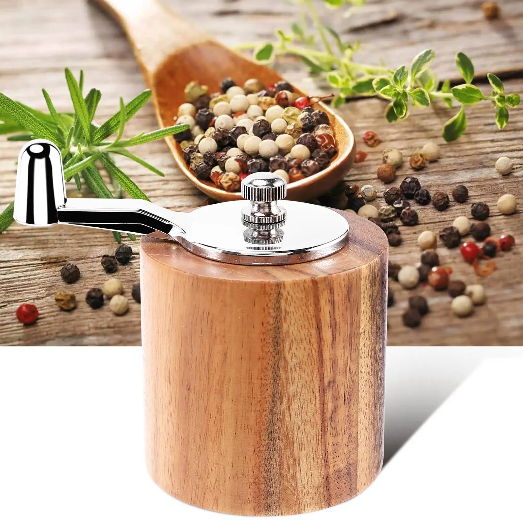 Salt and Pepper Mill, Hand Crank Wood Pepper Grinder Salt Shaker with Classic Handle and Adjustable Ceramic Rotor