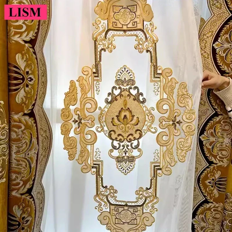 

High-end Velvet Curtain For Living Room Bedroom Embroidered Lace Stitching Blackout Valance Villa Customized Window Screen Decor
