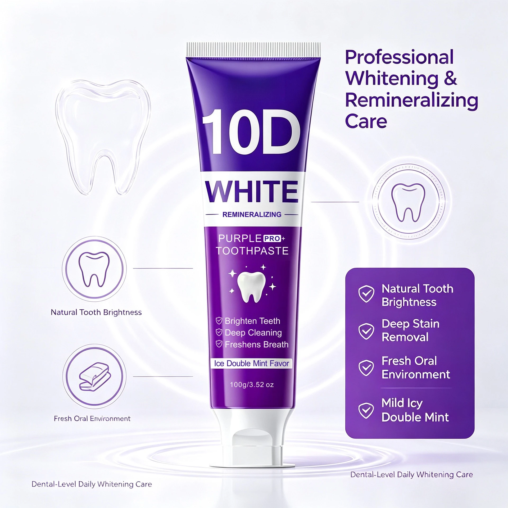 10D Whitening Toothpaste - Purple PRO - Removes Yellowing and Stains - Deep Cleaning - Freshens Breath - 100g